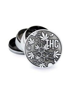"Grinder in metallo 4 parti con molecola THC in rilievo, diametro 60 mm. Perfetto per erbe aromatiche e spezie!"
