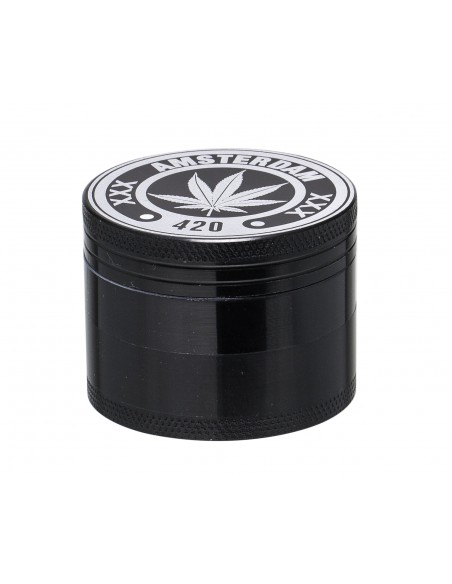 Amsterdam 420 Grinder Nero con Foglia - 4 Parti - Ø50mm